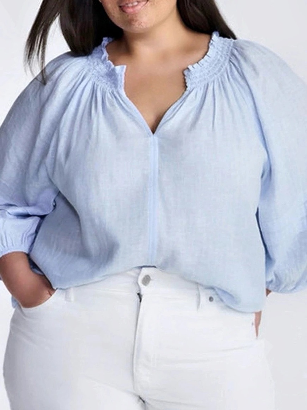 Terra & Sky Women's Plus Linen Blend Blouse with Elbow Length Puff Sleeves 3X